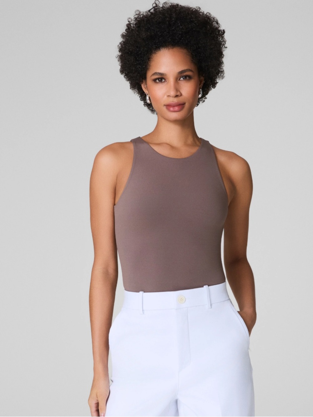 Spanx Smoothing Jersey High Neck Racerback Tank, Smoke Taupe, Large - Picture 1 of 14